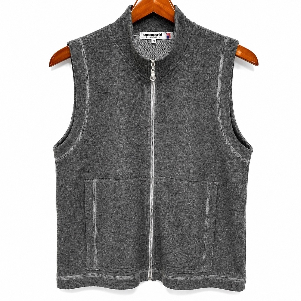 Oneworld Live and Let Live Grey Full Zip Vest Mock Neck Pockets Vintage Medium